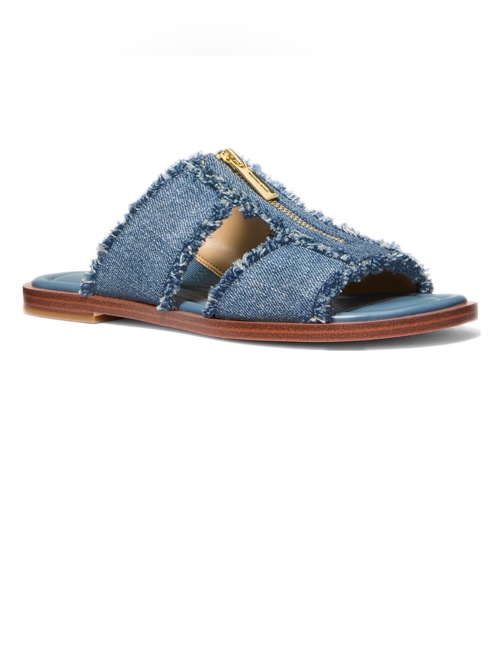 Michael Kors Berkley Flat Sandals Women’s 7.5M Blue Denim Frayed Gold Zip